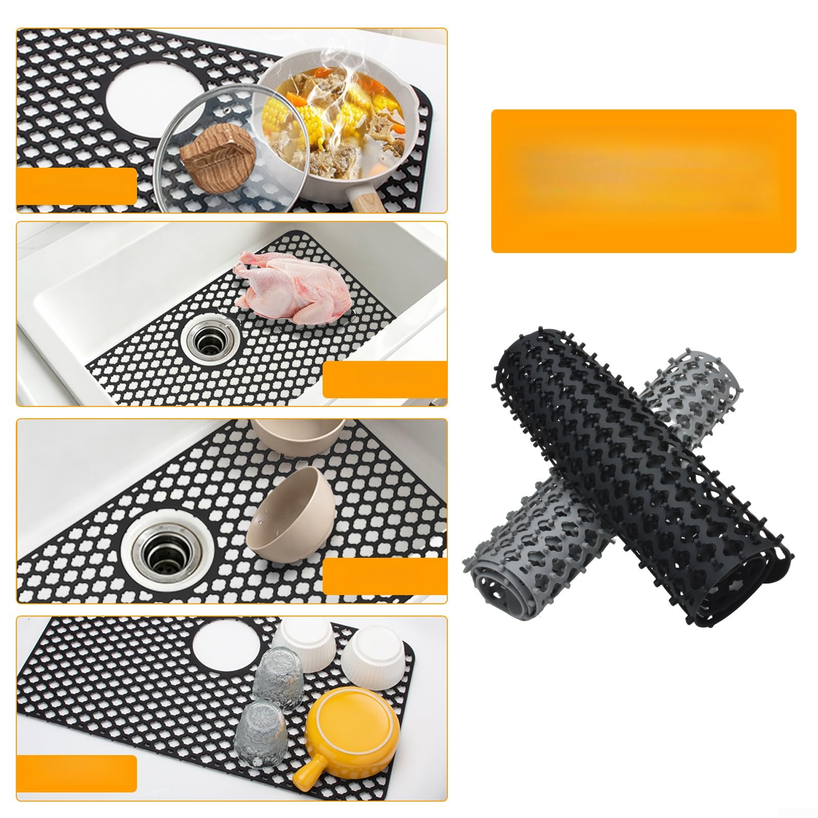 Tappetino in silicone per lavello da 66 cm, con fori di scarico integrati, antiscivolo, scolapiatti da cucina e da bagno, colore nero