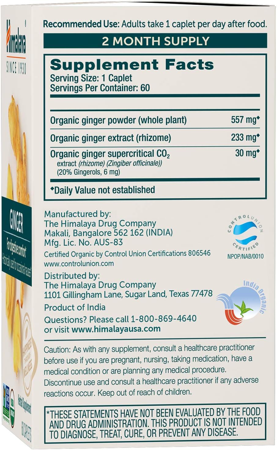 Himalaya Organic Ginger, Digestive Relief Supplement for Nausea, Gas and Occasional Upset Stomach, 820 mg, 60 Caplets, 2 Month Supply : Health & Household