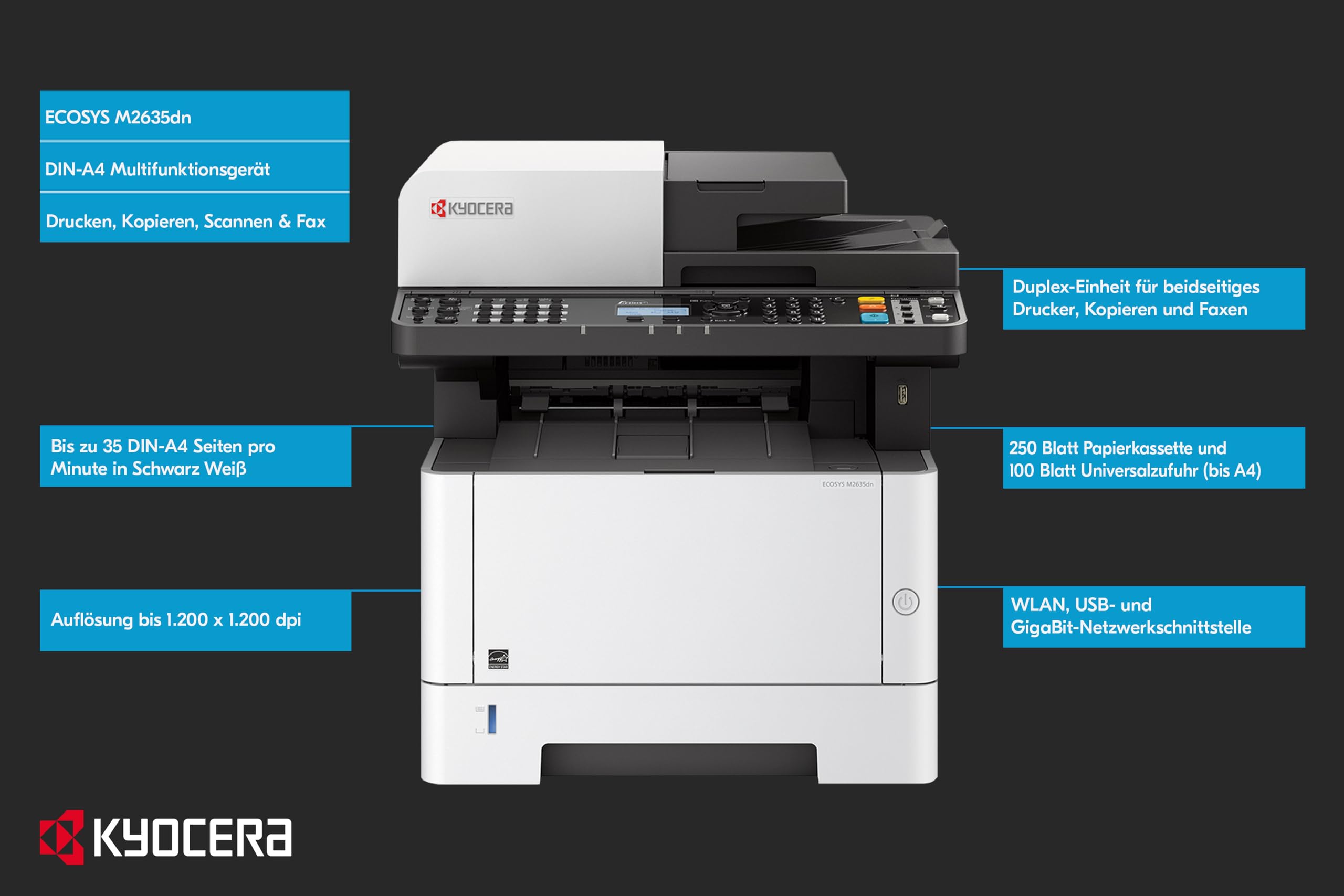Kyocera Ecosys M2635dn Multifunktionsdrucker Schwarz Weiss. 35 Seiten pro Minute. Drucker Scanner Kopierer und Fax. Laserdrucker Multifunktionsgerät Inkl. Mobile-Print-Funktion