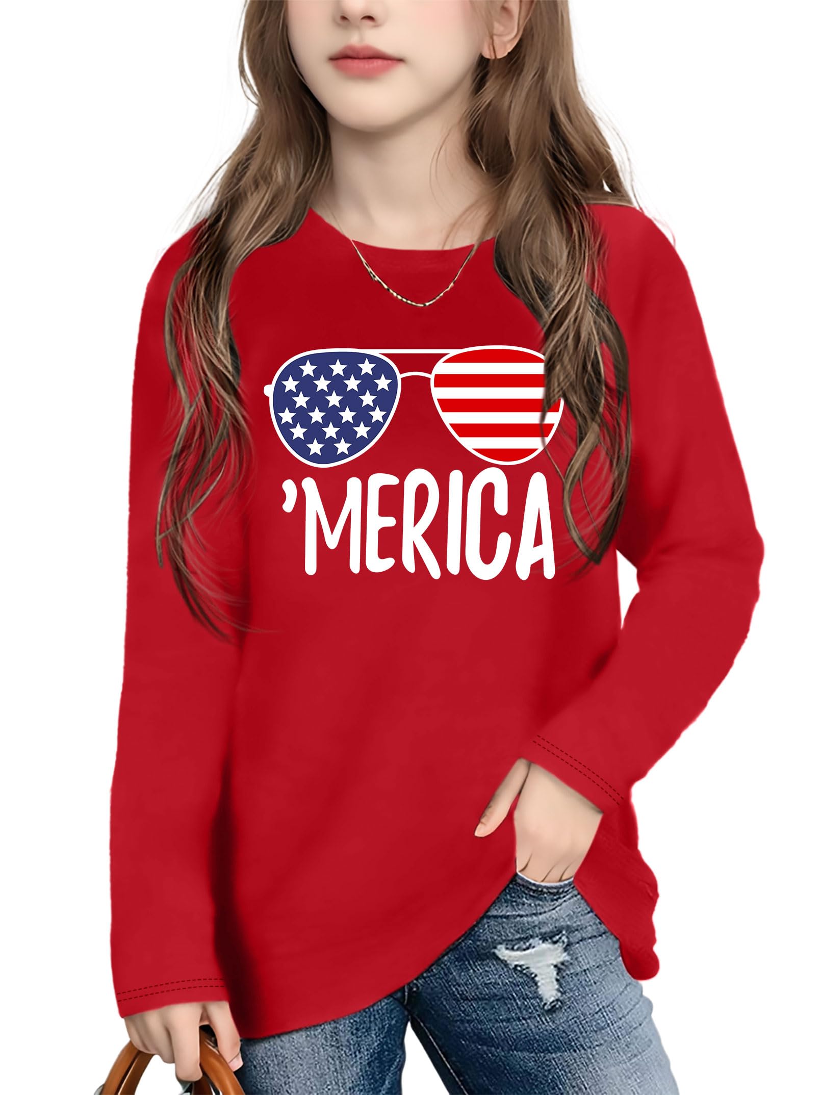 Ithalt 4th of July Outfit Kids Girls American T Shirt USA T-Shirt Fourth of July Tops Patriotic Long Sleeve Tops