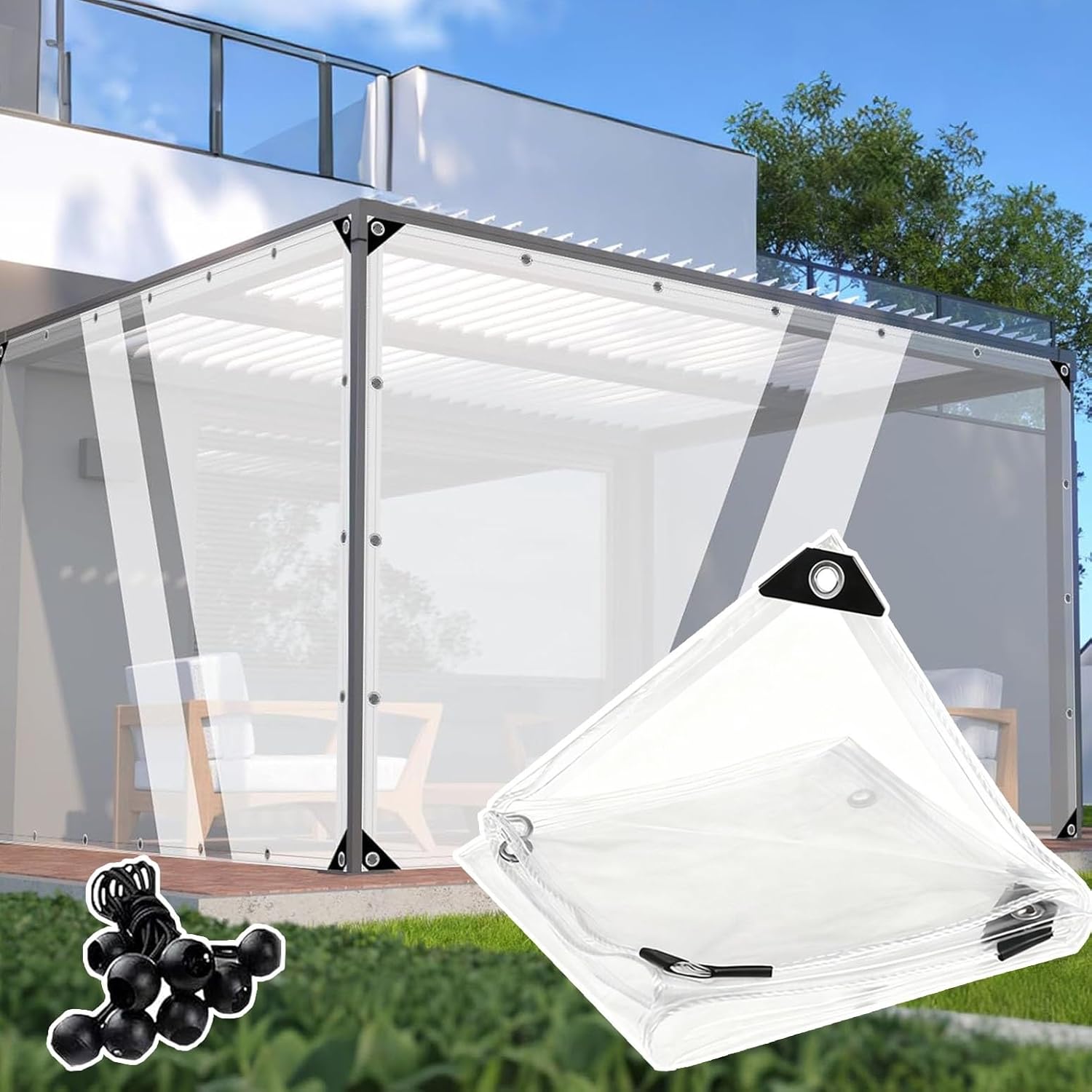 Heavy Duty Tarp 16x35 FT， 15Mil Clear Waterproof Vinyl Cover with Grommets, All-Weather Protection for Porch Enclosure Patio Deck Balcony