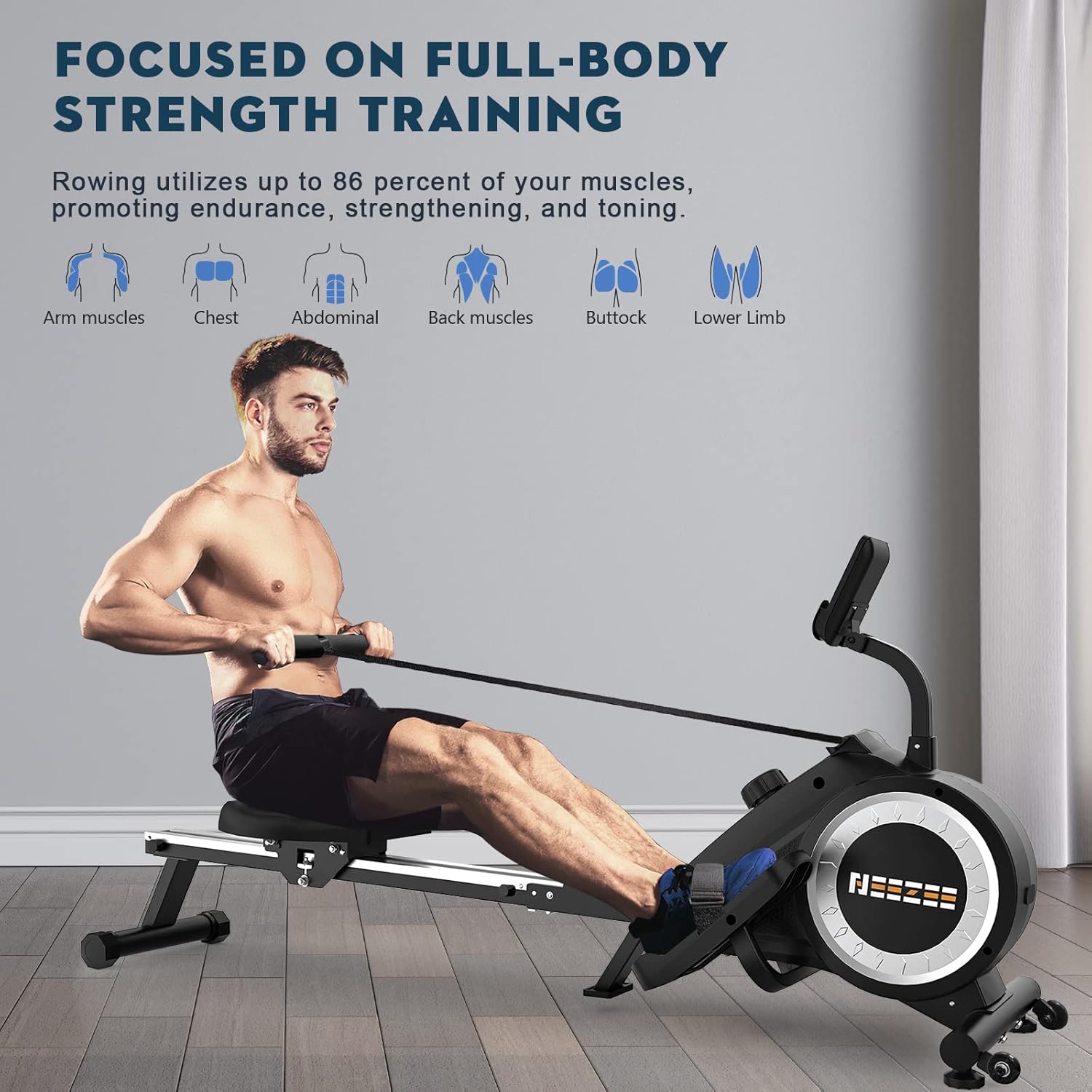 Man demonstrating proper rowing form on the Neezee KH101B Rowing Machine, highlighting muscles engaged: arms, chest, abdominal, back, glutes, and lower limbs.