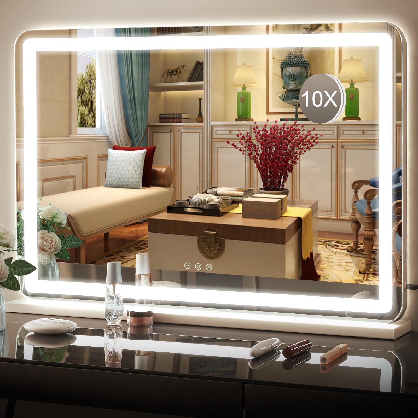 Puselo Makeup Mirror with Lighting, 3 Light Colors, Hollywood Mirror Brightness Adjustment via Touch, Table Mirror with 10x Magnifier & USB - 80x55cm