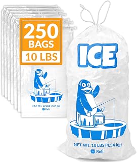 Reli. Plastic Ice Bags 10 lb (250 Pack Bulk) Cotton Drawstring | 12"x21" Ice Bags Reusable, Heavy Duty | Clear, Freezer Safe Storage | 1.5 Mil