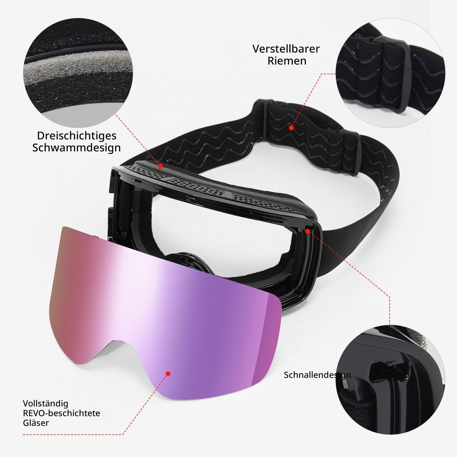 Skibrille für Erwachsene Herren Damen,YH227 Snowboardbrille für Brillenträger, Anti Fog OTG UV-Schutz Anti-Rutsch-Kopfband Vollständiges REVO-Design