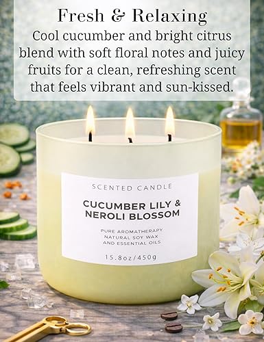 Miniatura 2 de Vela perfumada de soja de 3 mechas de lirio de pepino y neroli, 15.8 onzas, vela de aromaterapia fresca de spa, vela perfumada grande para el hogar,