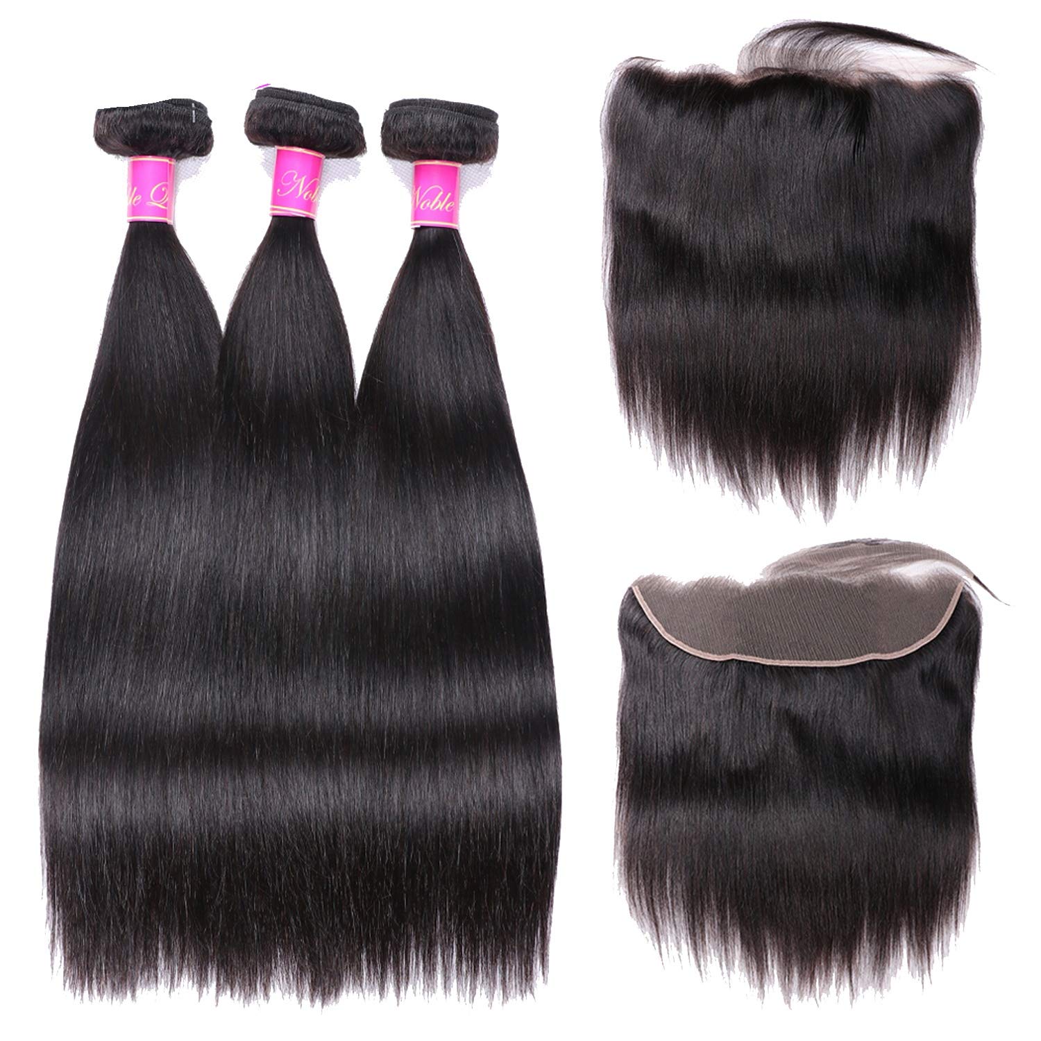 Straight Hair Bundles With Frontal Closure Brazilian Hair Weave Bundles Non Remy Human Hair Bundles With Closure,20 20 20+20Closure,Natural Color,Middle Part