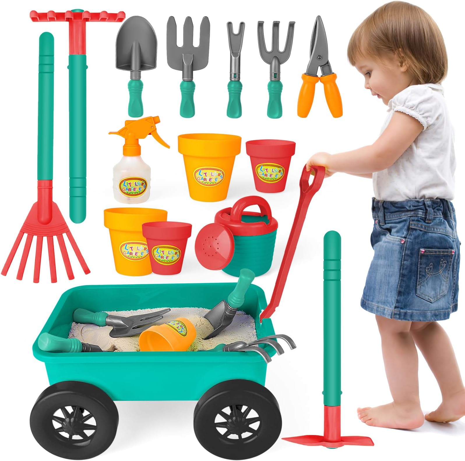 Kids Garden Wagon Wheelbarrow and Gardening Tools Play Set Includes 10 Accessories and 4 Plant Pots,Great Outdoor Toddler Toys Kids Gardening Set