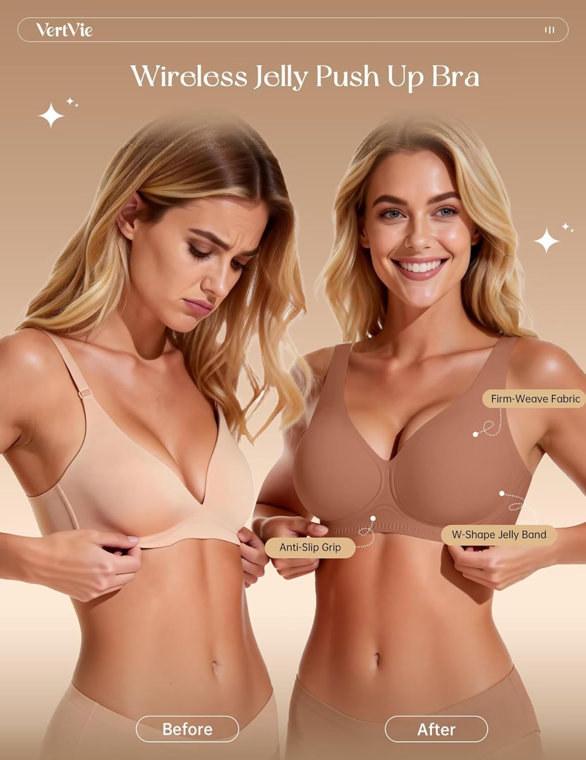 Vertvie 2026 Womens Wireless Jelly Bras Push Up Cup-Engineered Support Deep V Lift Bra Seamless No Underwire T-Shirt Bralette - Image 2