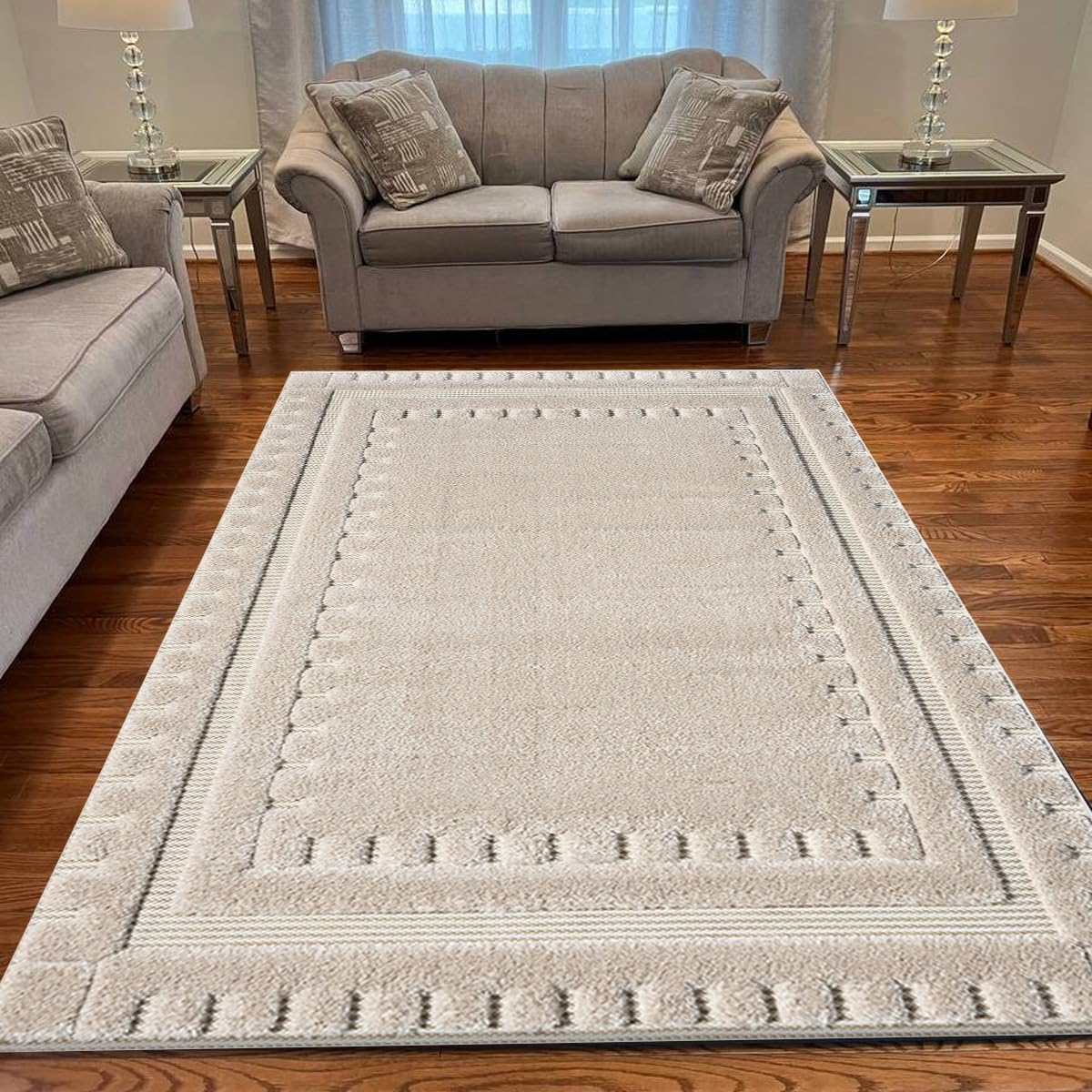 Rugs Inn Comfy Rug for Bedroom Dining Room Living Room - Super Soft Dense Pile Heavy Weight Non Slip Washable Rug (Des1 Beige, 160 x 230 cm)