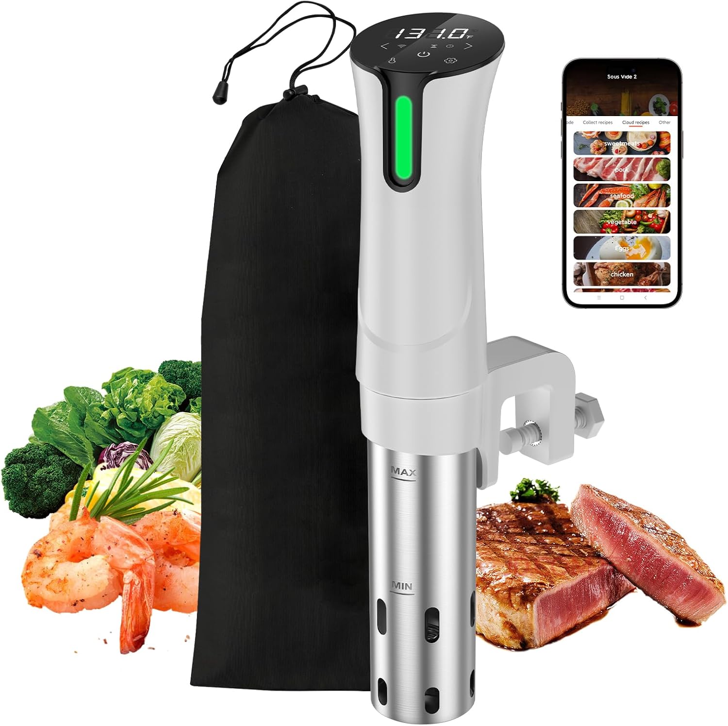 5G WIFI Sous Vide Machine|1100 Watts Sous Vide-Precision Cooker with Bag, Recipes| Thermal Immersion Circulator, Fast Heating with Accurate Temperature and Timer, LED Touch Screen/APP Control,White Sous Vide WIFI White
