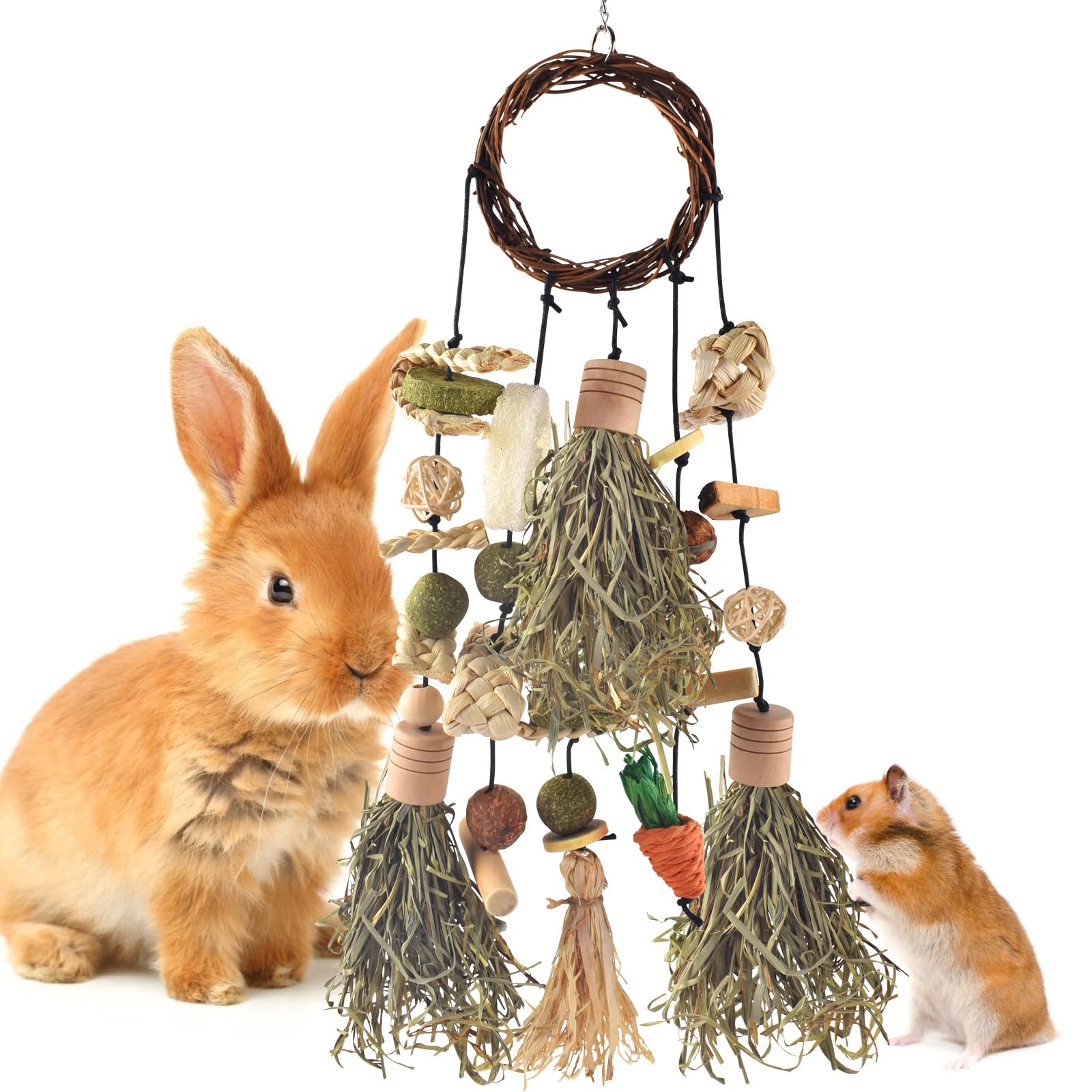 Bissap Kaninchen-Kauspielzeug, Hasenkäfig zum Aufhängen, Kauspielzeug und Leckerlis aus Holz mit Snacks für Meerschweinchen, Chinchillas, Hamster, Ratten und andere kleine Haustiere Zähneknirschen