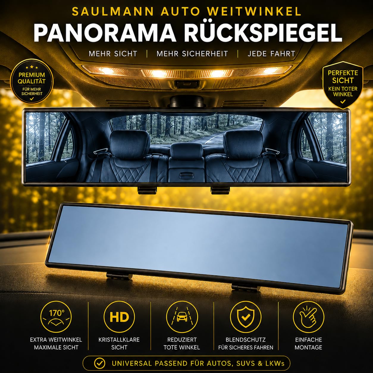 SAULMANN Rétroviseur panoramique pour voiture - Grand angle - 308 x 78 mm - Universel à clipser - Protection contre l'éblouissement - Bonne solution pour les angles morts - Pour voitures, SUV, camions