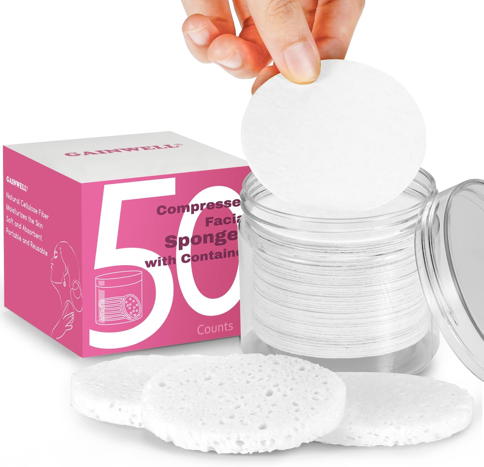50-Count Compressed Facial Sponges with Storage Container, for Facial Cleansing, Reusable Makeup Remover, Portable, Suitable for Travel, White
