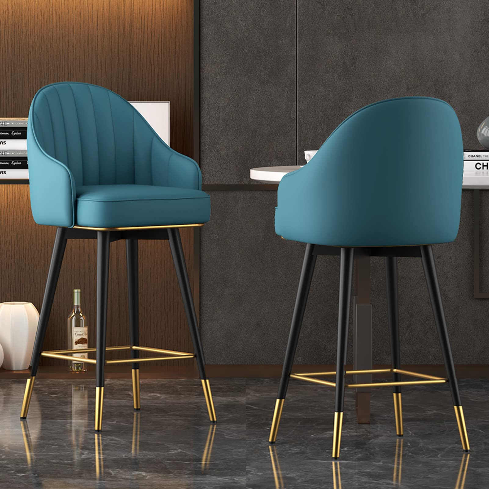 Moderno juego de 2 taburetes giratorios de cuero con soporte para la espalda, taburetes de altura para encimera de cocina, para bistró, altura ajustable, 65 cm/75 cm, acento naranja para el hogar bar