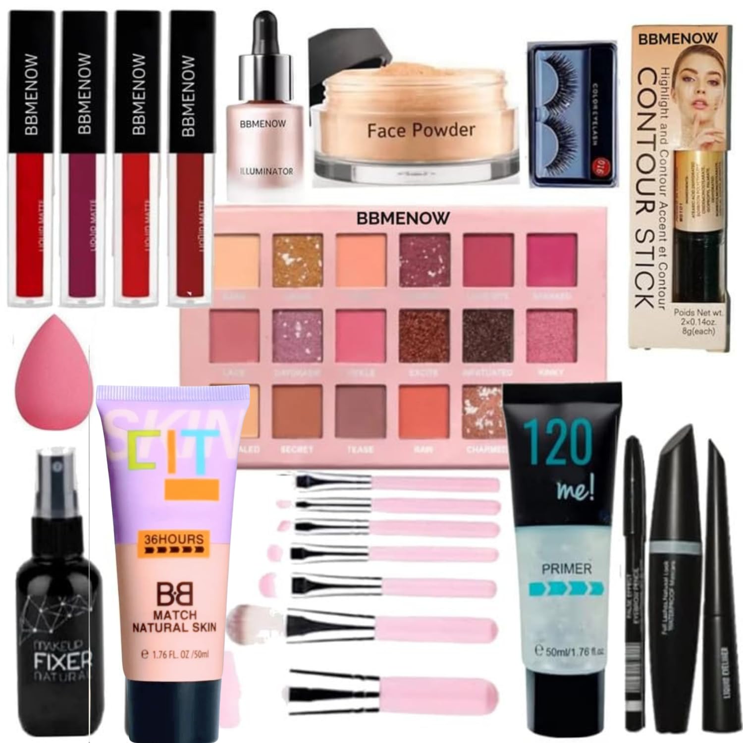 BBMENOW Professional Full Face Makeup Mega Combo Kit for Women with Nude Eyeshadow Palette, Liquid Matte Lipsticks, Foundation, Primer, Face Powder, Makeup Fixer, Illuminator, Contour Stick, Kajal, Mascara, False Lashes, Beauty Blender & Makeup Brush Set-image-48