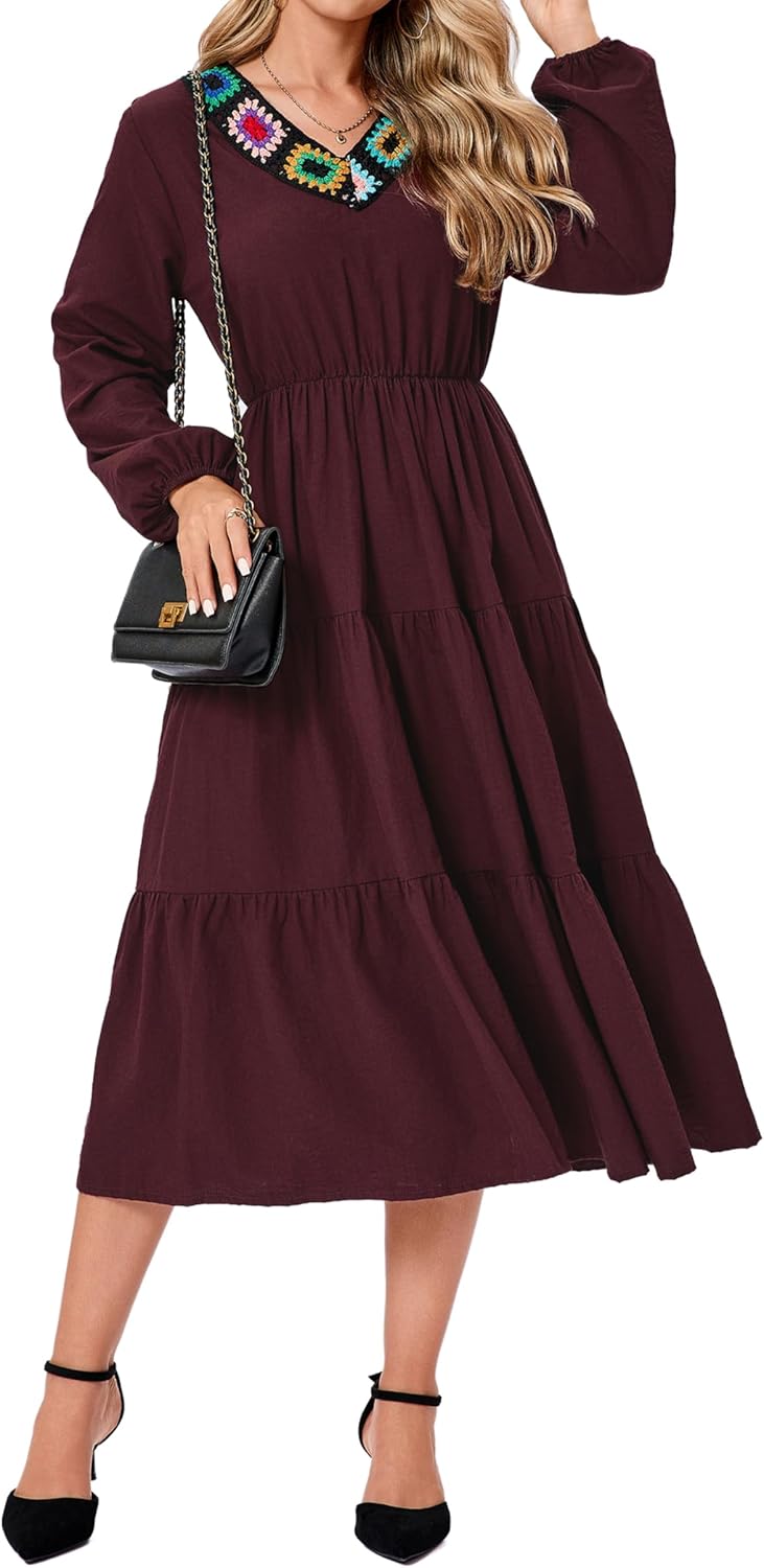 Women's 2026 Spring Dresses Long Sleeve Elegant Crew Neck A-Line Elastic Wasit Lightweight Formal Casual Midi Dress - Image 5