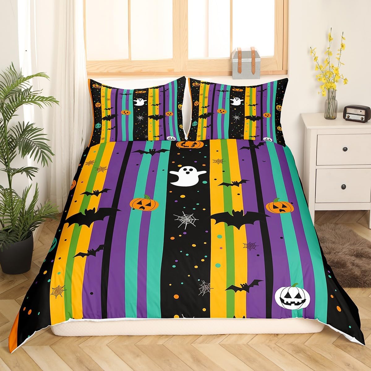 Cute Ghosts Duvet Cover Twin,Watercolor Geometric Stripes Colorful Dots Comforter Cover (Not Comforter),Halloween Theme Wild Bats Cartoon Graffiti All Season Super Soft Bedding Bedroom Decor
