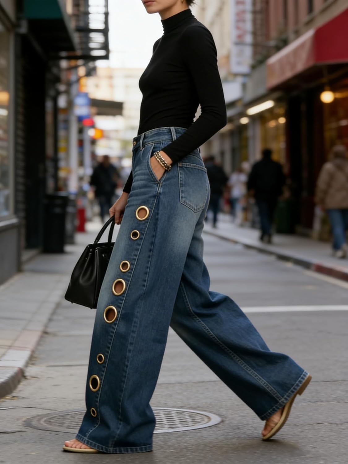 Trendy Eyelet Cutout Grommet Washed Denim Pants Women's High Waisted Wide Leg Jeans Baggy Hollow Out Trousers