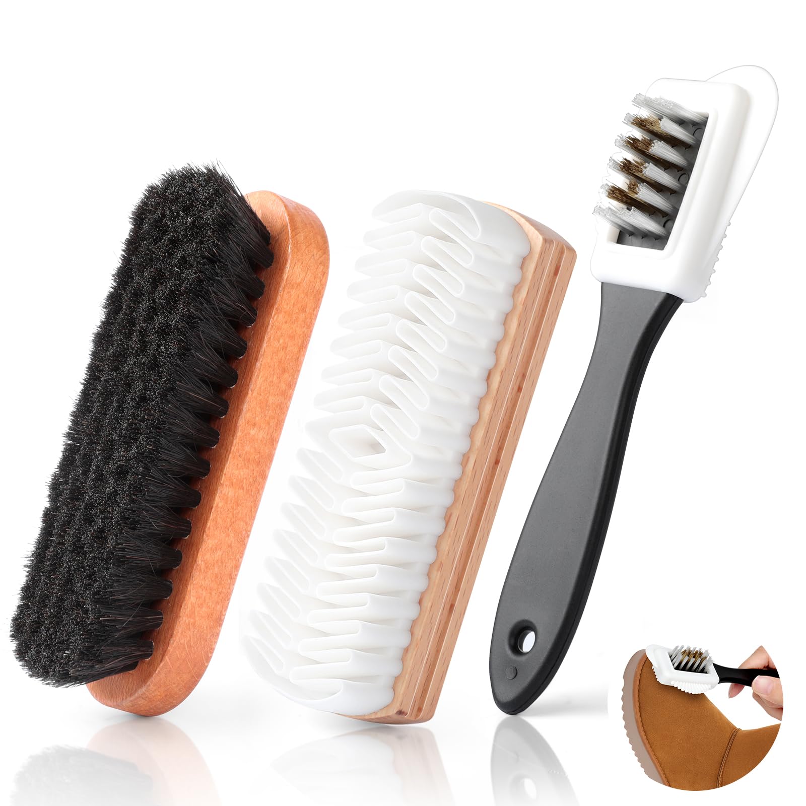 AiQInu Brosse à Chaussures en Daim 3 Pièces Brosse à Daim, Brosses à Chaussures, Brosses en CRIN de Cheval, Multi-usages pour Nubuck, Cuir de Vachette