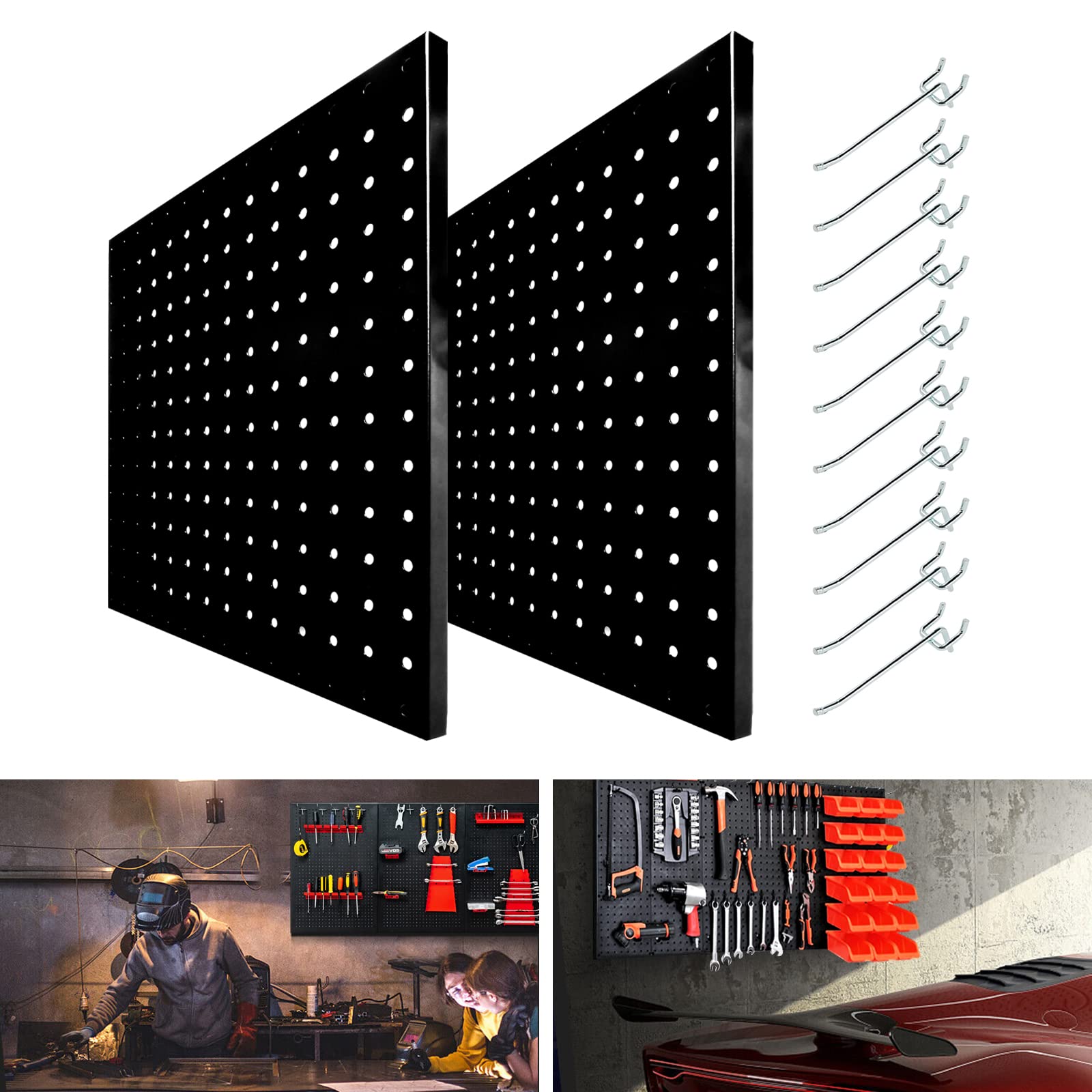 Pegboard 2 PCS, Pegboard Wall Organizer, Black Peg Board Metal Pegboard Panels with 8 Pcs Pegboard Hooks, Garage Tool, Craft Room, Indoor Wall Organization Storage Kits, Father's Day Gift