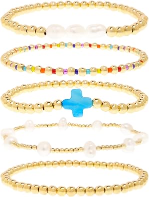 Gold Pearl Beaded Cross Bracelets Stack Set for Women, Boho Handmade Colorful Small Beads Stretchable Jewelry Friendship Summer Trendy Gift.