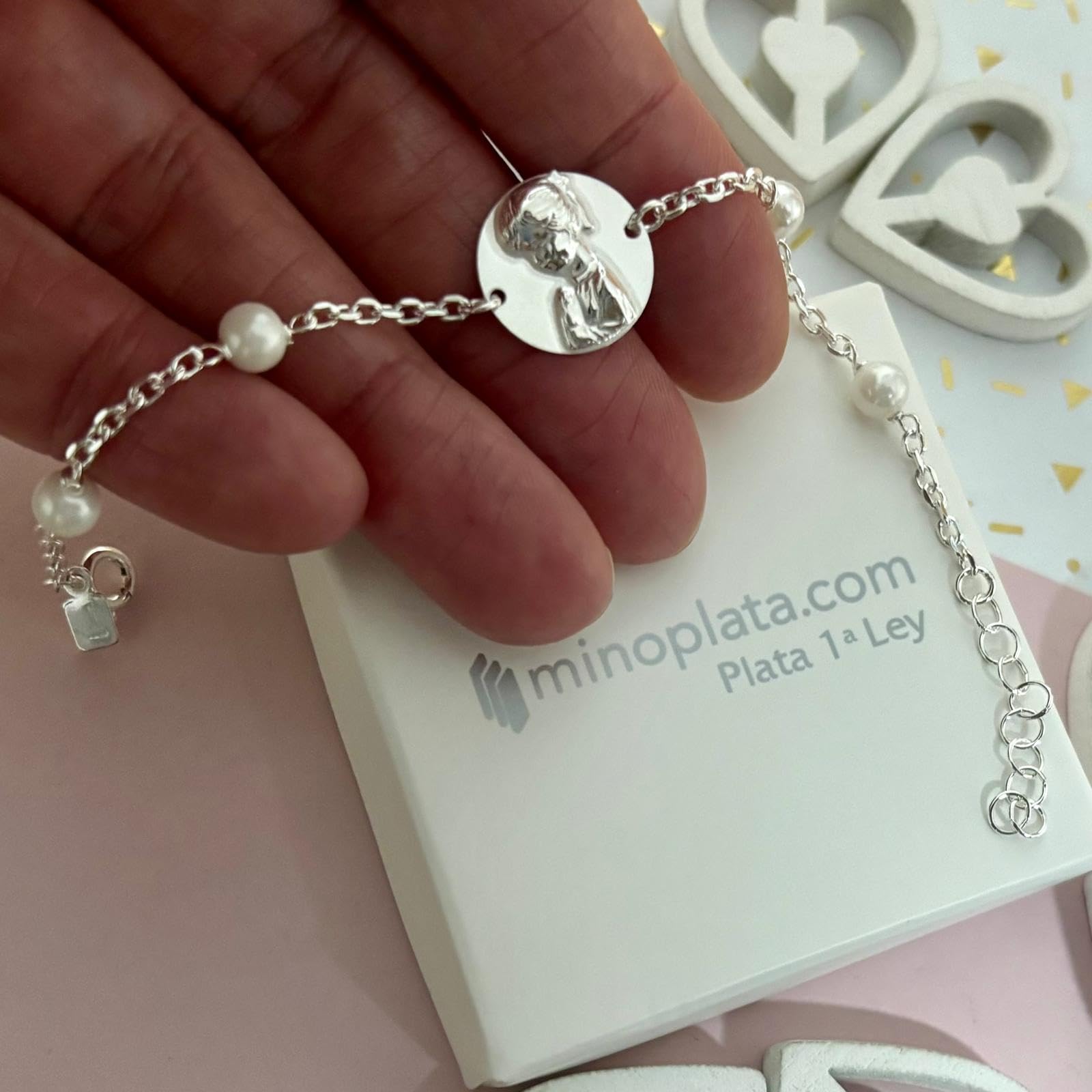 Pulsera comunión Virgen Niña de Plata de ley con Perlas