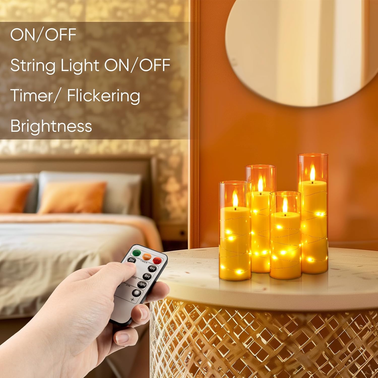 Homemory Flameless LED Candle with Embedded Star String Lights, Fake Candles with Remote Control & Timer, Battery Operated Candles, Amber, Set of 5 - Image 3