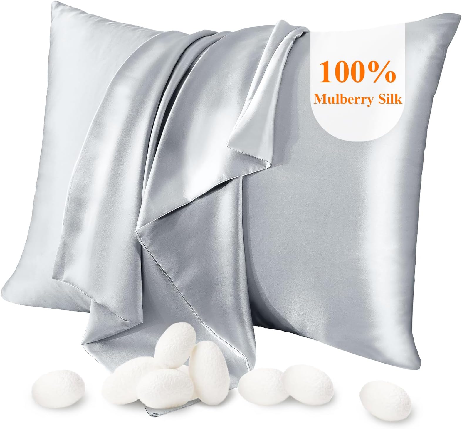 Jaciu 100% Silk Pillowcase for Hair and Skin, Pillowcases Both Side Mulberry Silk Pillowcases 21 Momme 600 Thread Count Hidden Zipper Smooth Soft(Sliver Grey, King 50x90CM,1pcs）