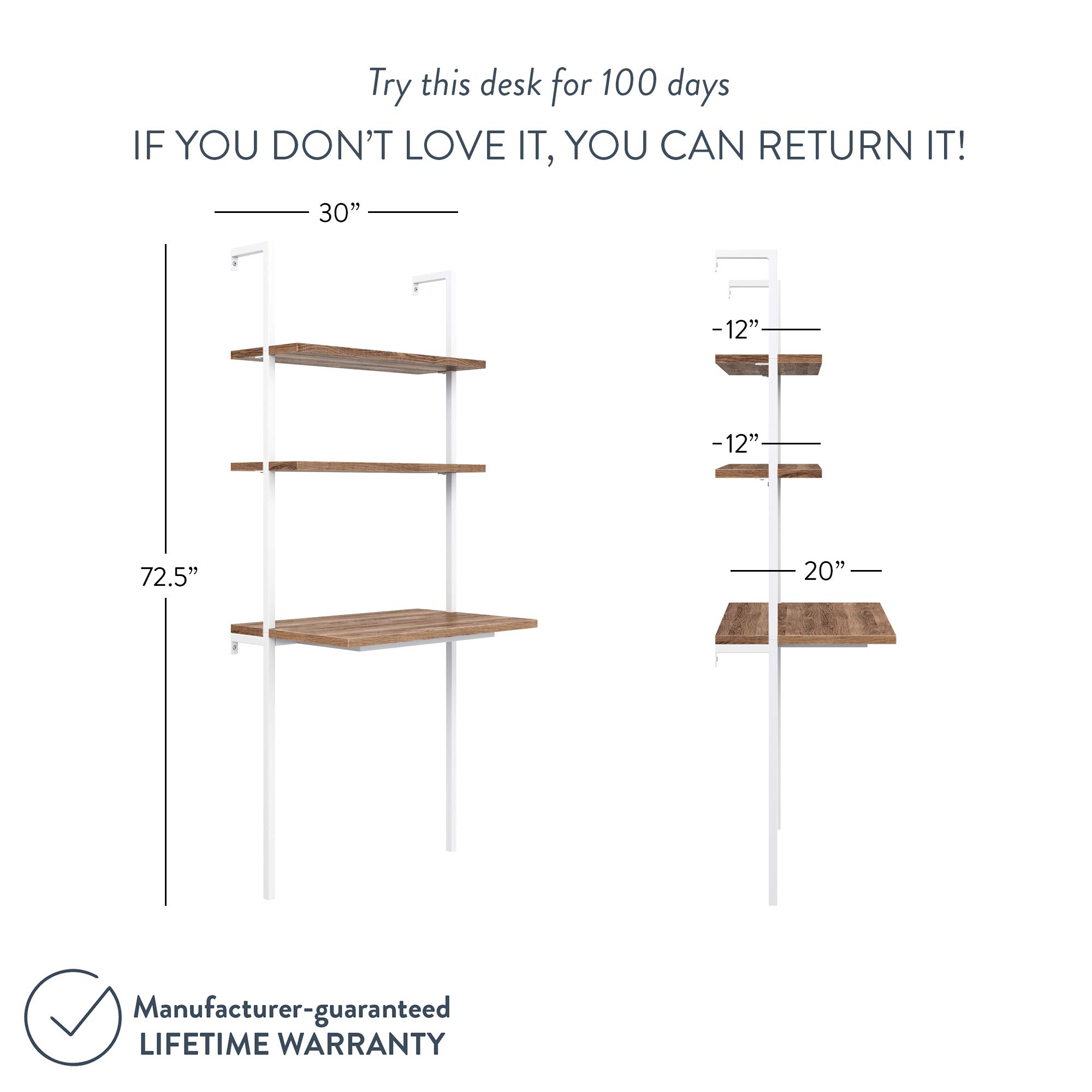 Nathan James Theo 2-Shelf Industrial Wall Mount Ladder, Small Computer or Writing Desk, Rustic Oak/White