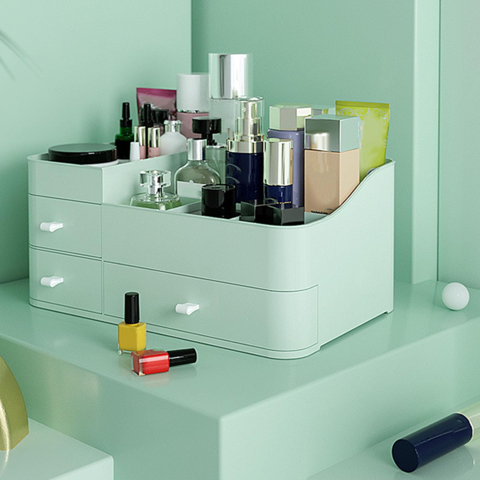 Organizador de cosméticos con cajones, vitrina de maquillaje de plástico impermeable para uso doméstico, almacenamiento de alta capacidad para lápices labiales, productos (Green)