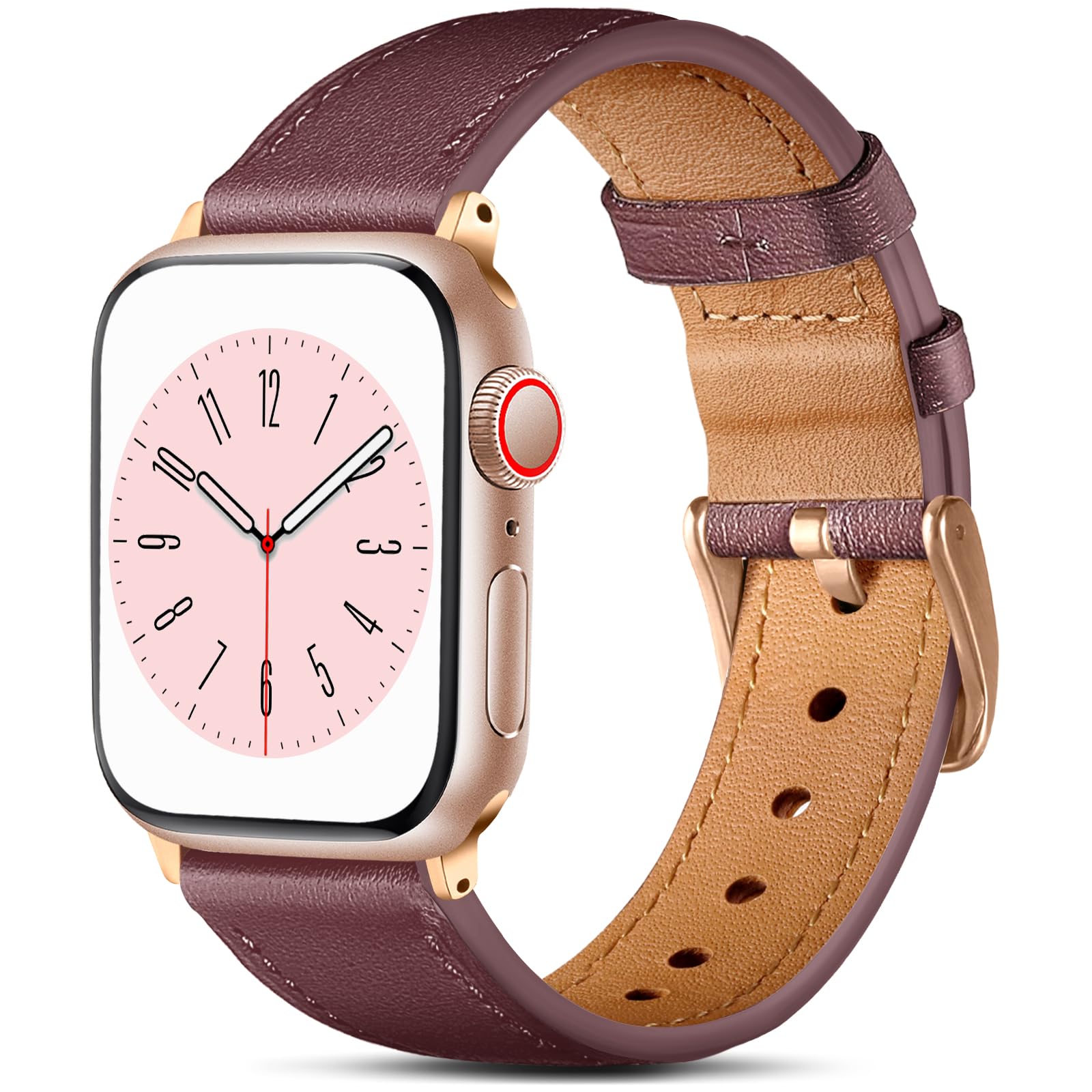 Lenrao Bands Compatible with Apple Watch Band 40mm 38mm 41mm 42mm 44mm 45mm 49mm Women Men, Top Grain Genuine Leather Wristband Strap for iWatch Series 10 9 8 7 6 5 4 3 2 1 SE Ultra 2 (Brown/Rosegold)