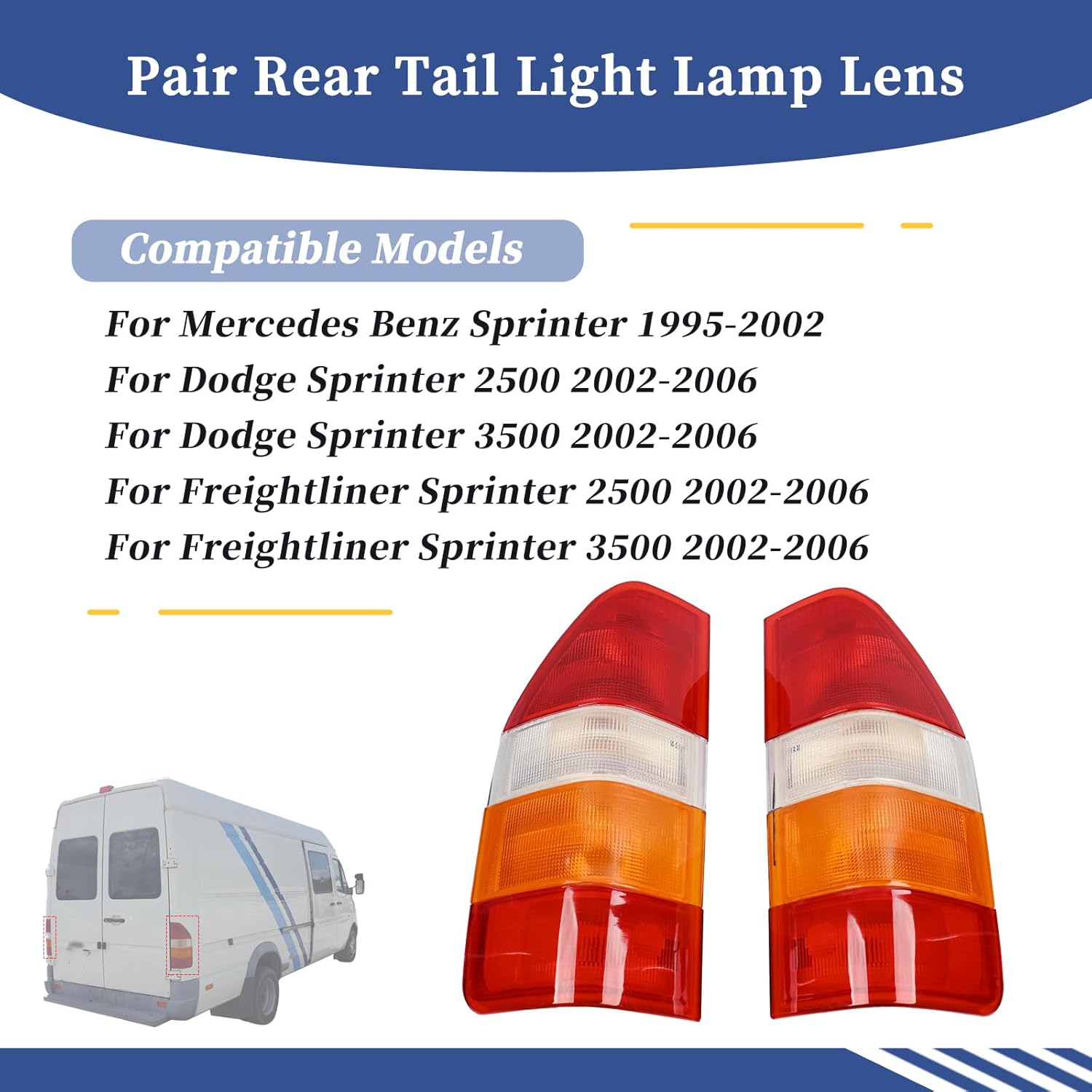 Pair Rear Tail Light Lamp Lens Compatible with Mercedes Benz Sprinter, for Freightliner, for Dodge Sprinter 2500 3500 1995-2006 Replace 367309989 9018201864 (Without Bulbs)