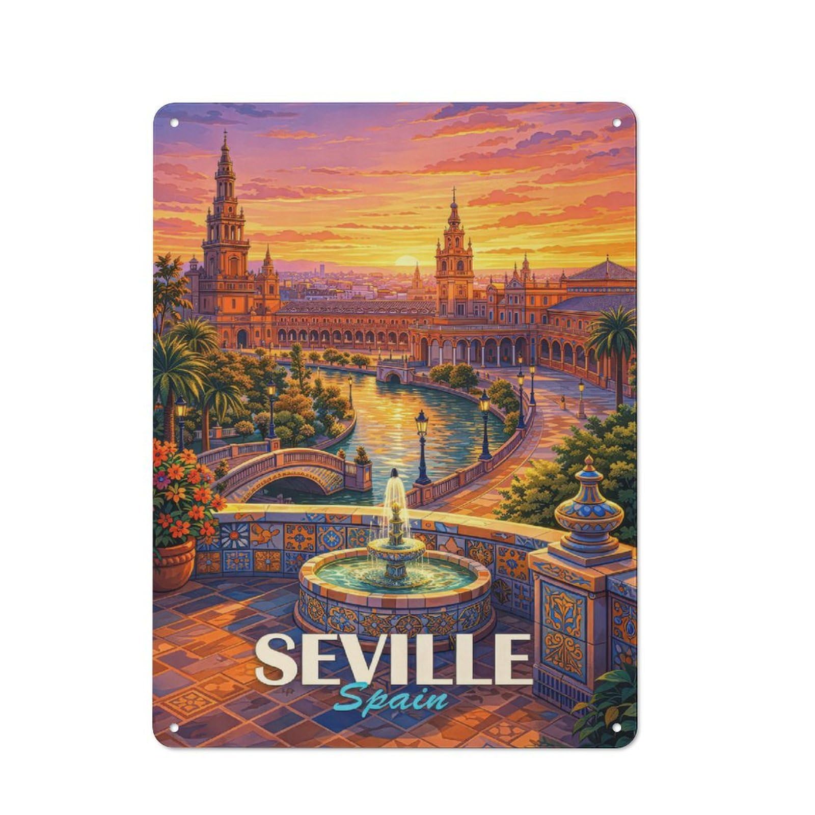 Junmoney Style-10 Seville Spain Travel Urban Metal Wall Decor 40X30cm, Industrial Metal Sign For Flat, Bar, Studio Or Gallery Wall