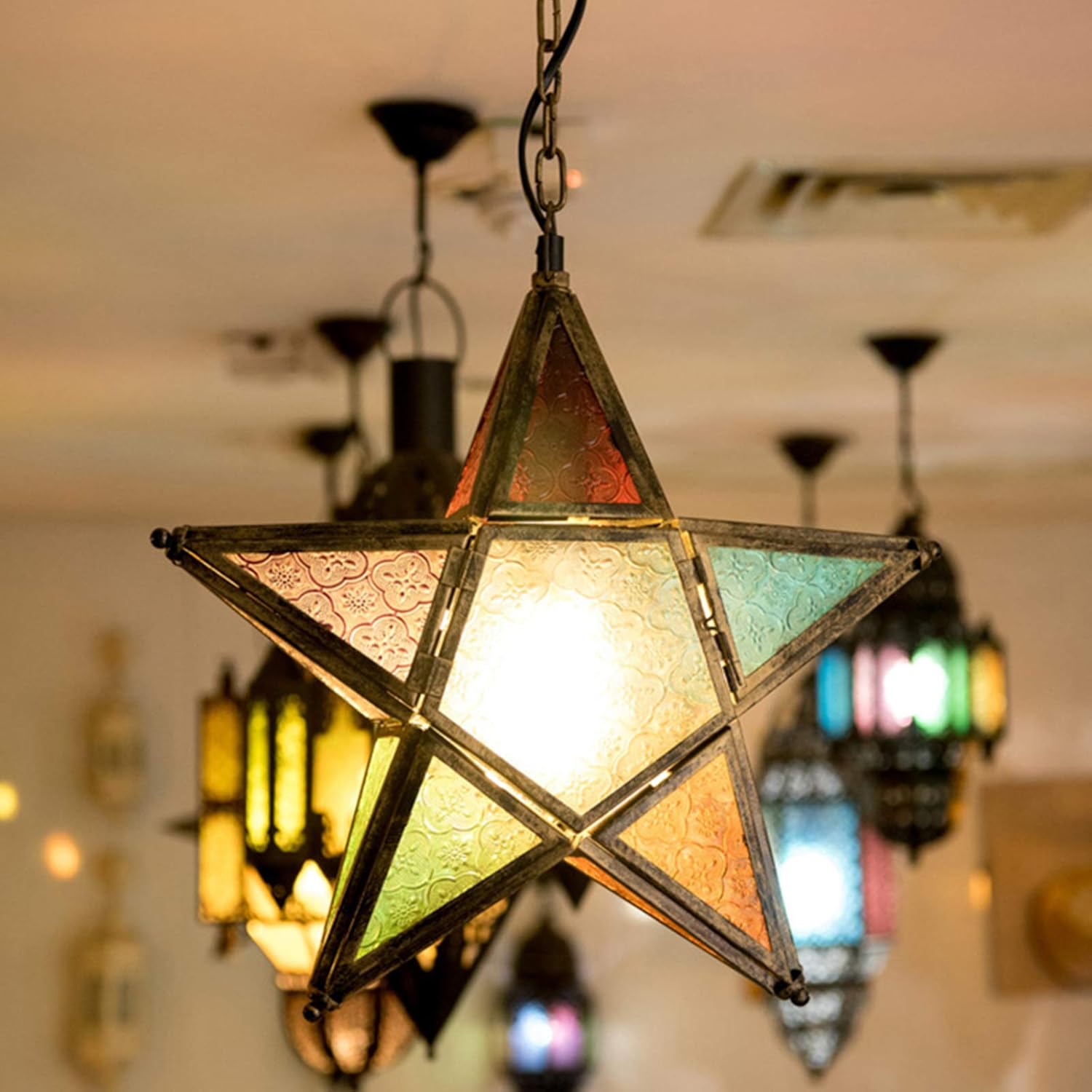 Hanging Candle Lantern, Moroccan Style Multicolor Glass Five-Pointed Star Shaped Tealight Holder for Wedding, Garden Yard, Home Decor (Gold)