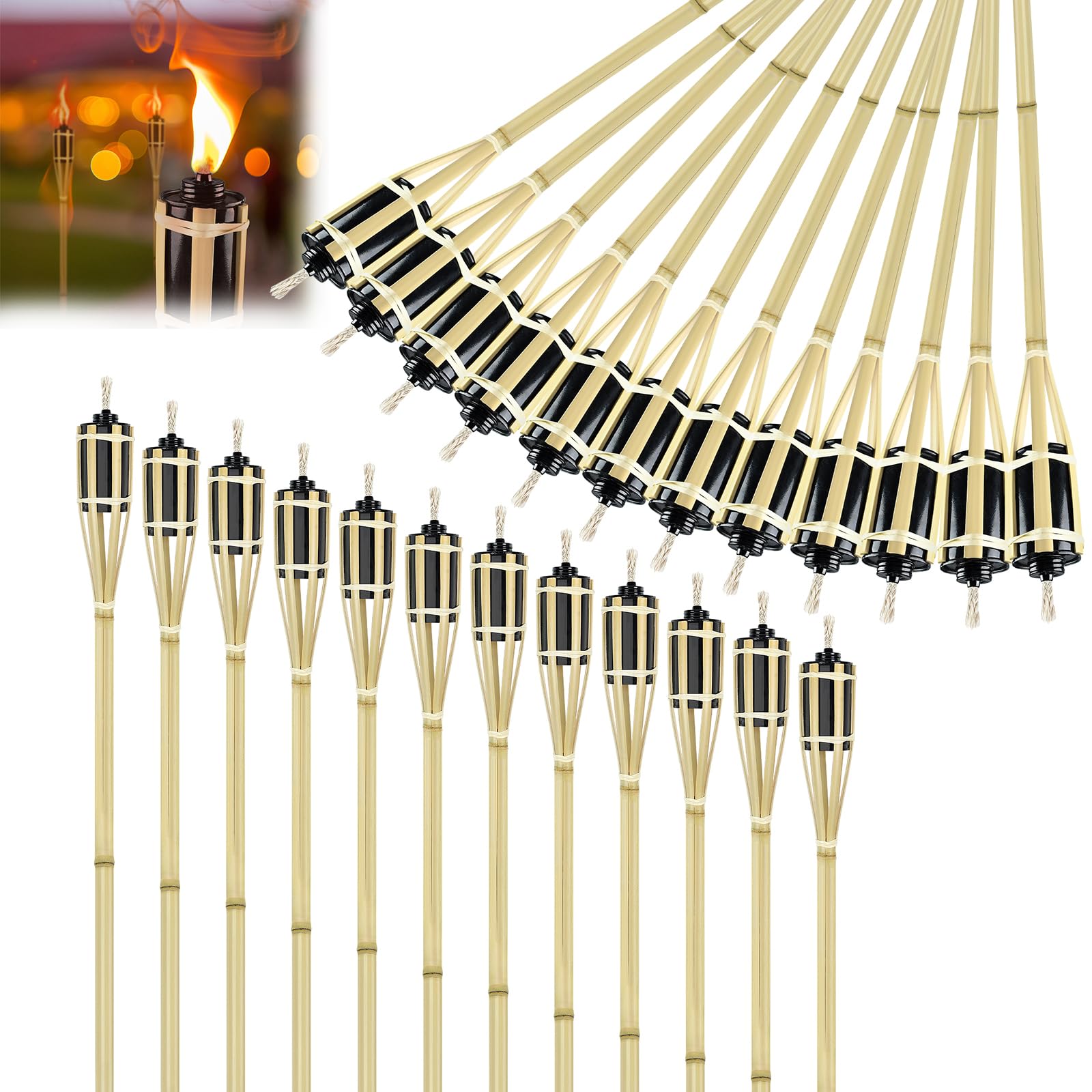 Antorchas de jardín de bambú natural para exteriores 24 piezas antorchas de aceite Antorchas atmosféricas con mecha Lámpara de aceite decorativa Luz de camino Altura: 90 cm