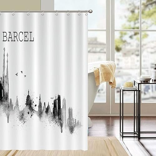 Miniatura 6 de Rimego Shower Curtain Set with 12 Hooks - Skyline Barcel White and Black Waterproof Polyester Fabric Shower Curtain for Modern Home Bathroom