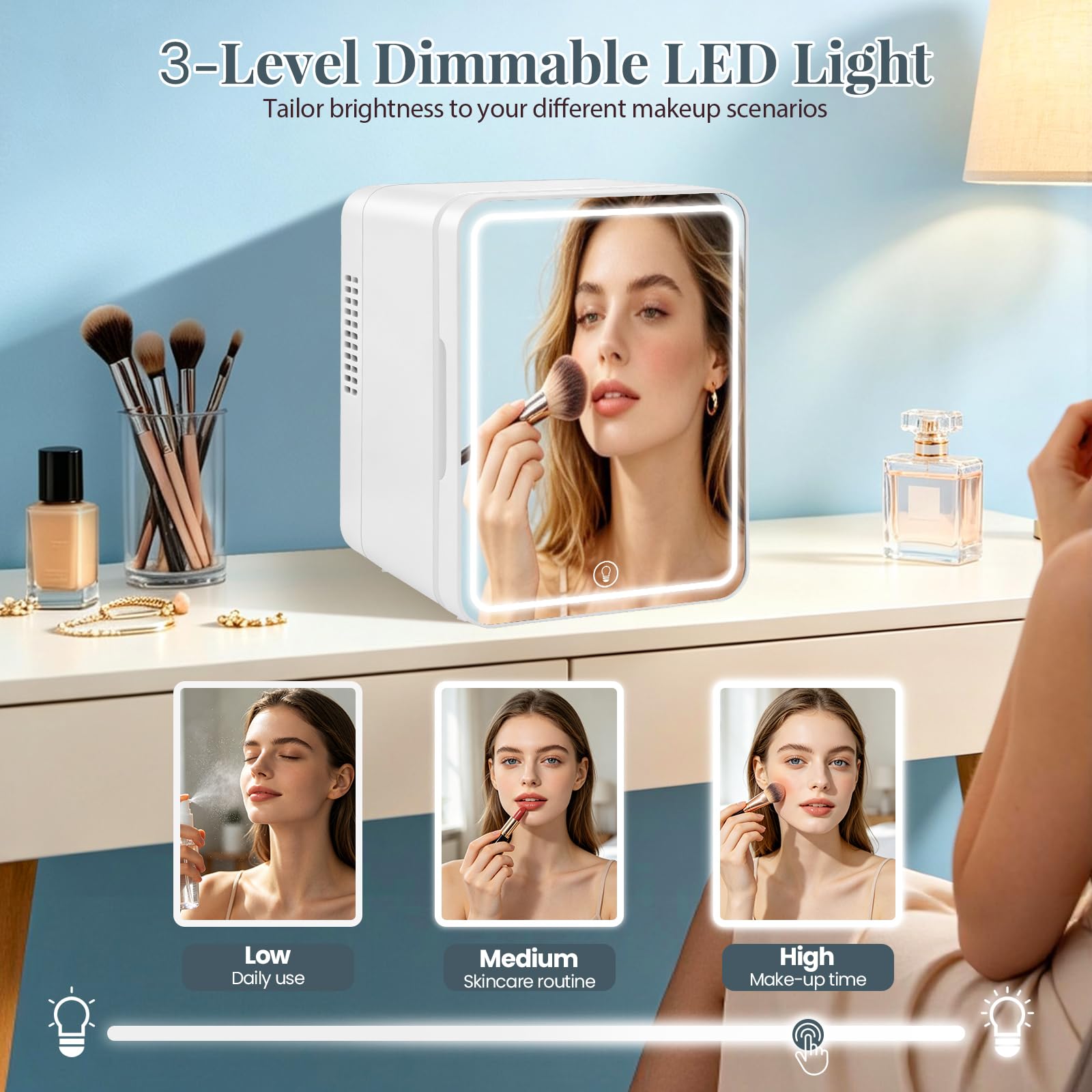 Mini Kühlschrank 5 L / 6 Dosen, LED-Lampe mit 3-stufiger Dimmfunktion,220V AC / 12V DC Kühl- & Wärmefunktion, Kosmetik Kühlschrank für Zimmer, Büro, Skincare, Getränke & Kosmetik (Weiß)