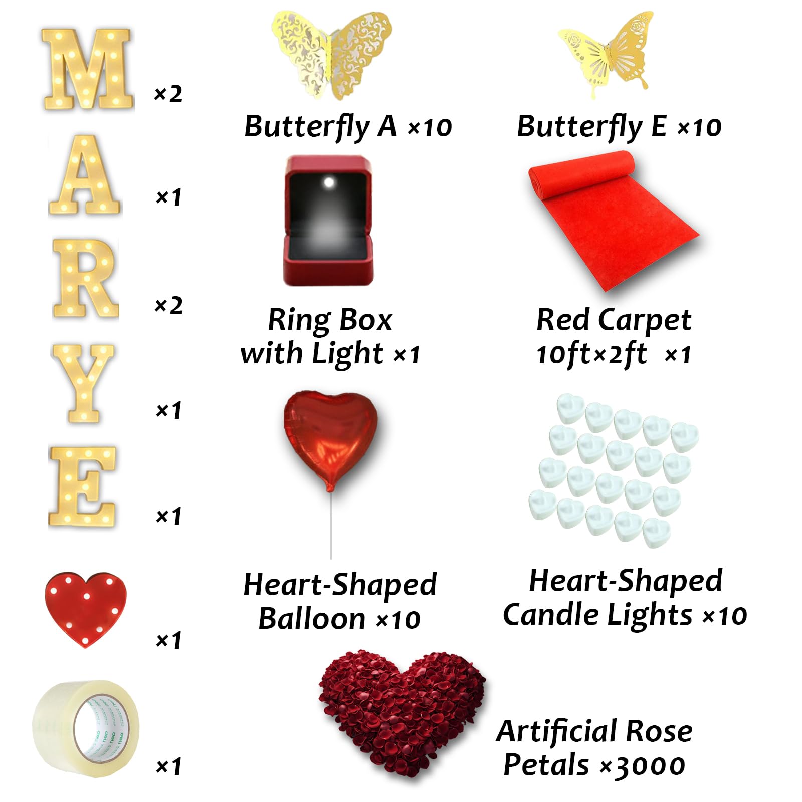 3051 Stück Deko-Set für den Heiratsantrag, Leuchtbuchstaben Marry Me Leuchtringbox, Herz Kerzen, Goldener Schmetterling, Rosenblätter, Roter Teppichläufer 5M, Herzballons, Rote Herzförmige Licht