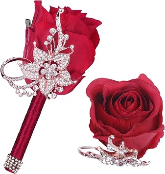 Vijiv Bling Boutonniere for Men Wedding, Pocket Boutonniere with Pins for Groomsmen Groom Suit, Artificial Rose Flowers for Prom Ceremony Anniversary Formal Dinner Party, Burgundy Red