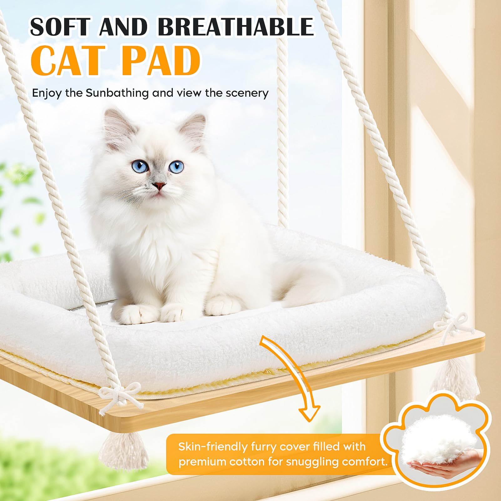 Hamaca para ventana de gato, asiento de ventana para gato con funda de cama, asiento de madera maciza con ventosas fuertes, cama colgante para gatos pequeños y medianos de interior