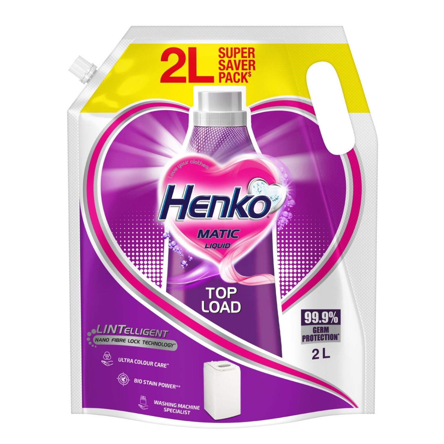 Matic Top Load Liquid Detergent - 2L Refill Pouch with Nano Fiber Lock Technology, 99.9% Germ Protection, Bio Stain Power & Ultra Color Care which maintains the Newness, Color & Shine