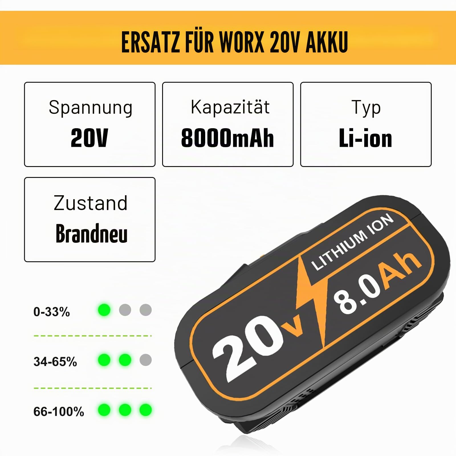 2X 8000mAh/8.0Ah Ersatz für Worx Akku 20V 8,0 Ah WA3553 WX166.4 WA3572 WX390 WU268 WX372.1 WX800 WG259E WA3760 für Worx-Akku-Elektrowerkzeuge (orange)