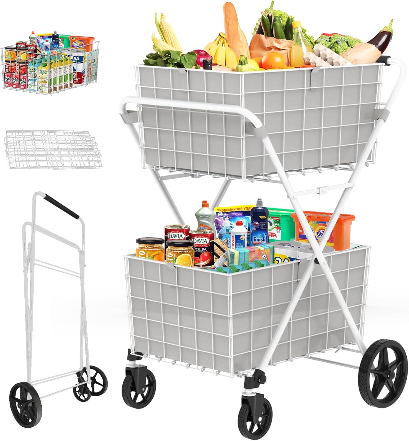 (Similar) JIALIJIU 2-Tier Shopping Cart for Groceries, Folding Grocery Cart with 360° Rolling Wheels, Heavy Duty Utility Carts with 2 Waterproof Liners, Multi-Functional Trolley for Laundry, Household, White