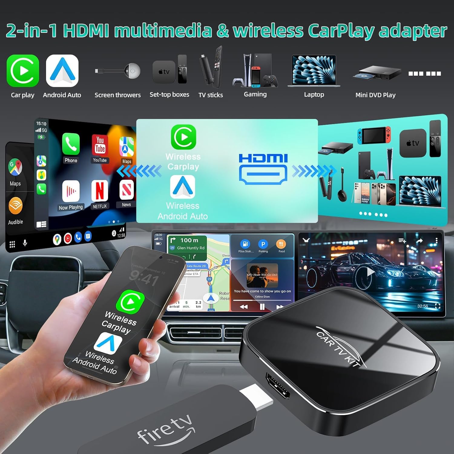 3 en 1 Car TV Mate Pro con Wireless CarPlay & Android Auto Adapter, Convertidor HDMI Multimedia TV Stick, Streaming de Fire T V/Consola/Youtube/Netflix en el Coche para CarPlay con Cable