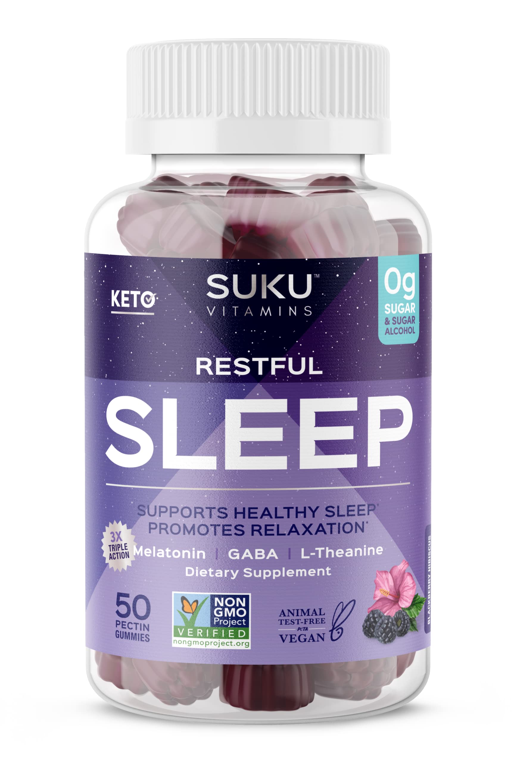 SUKU Restful Sleep Gummies – 3 mg Melatonin, L-Theanine & GABA – Vegan, Sugar-Free Chewable for Relaxation & Natural Sleep Support – BlackBerry-Hibiscus Flavor – Non-GMO, Gluten-Free – 50 Count