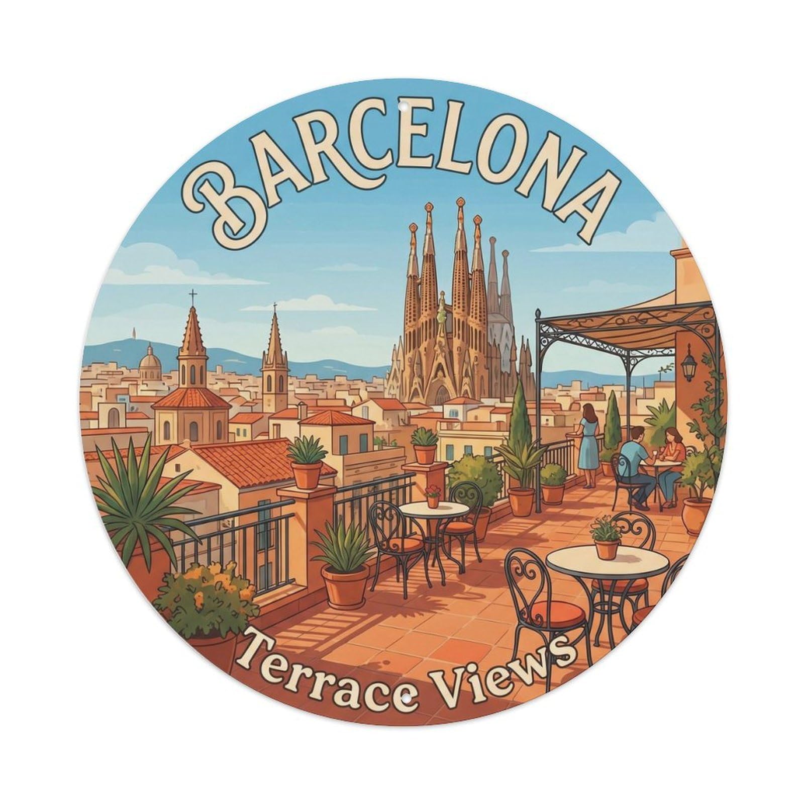 Catalan Barcelona Terrace Vacation Vintage Architecture Metal Tin Sign Plaque Wall Decor for Cafe, Man Cave, Club Bar, Office, Home Garden Round Metal Poster 8x8Inch
