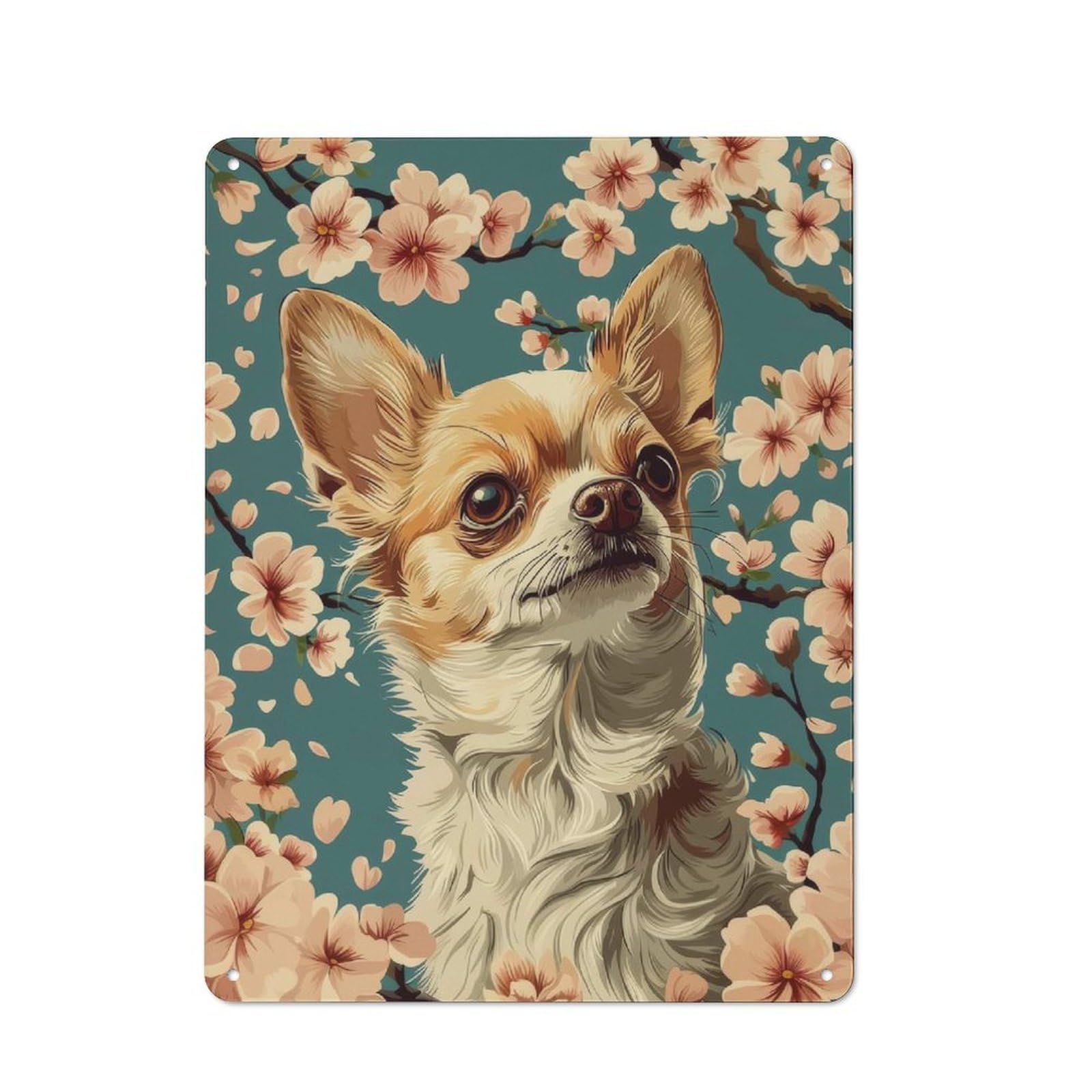 Junmoney Chihuahua With Cherry Blossoms Floral Dog Pr Int Rustic Metal Plaque 40X30cm For Lounge Or Reading Corner, For Home Office, Studio And Craft Room Walls