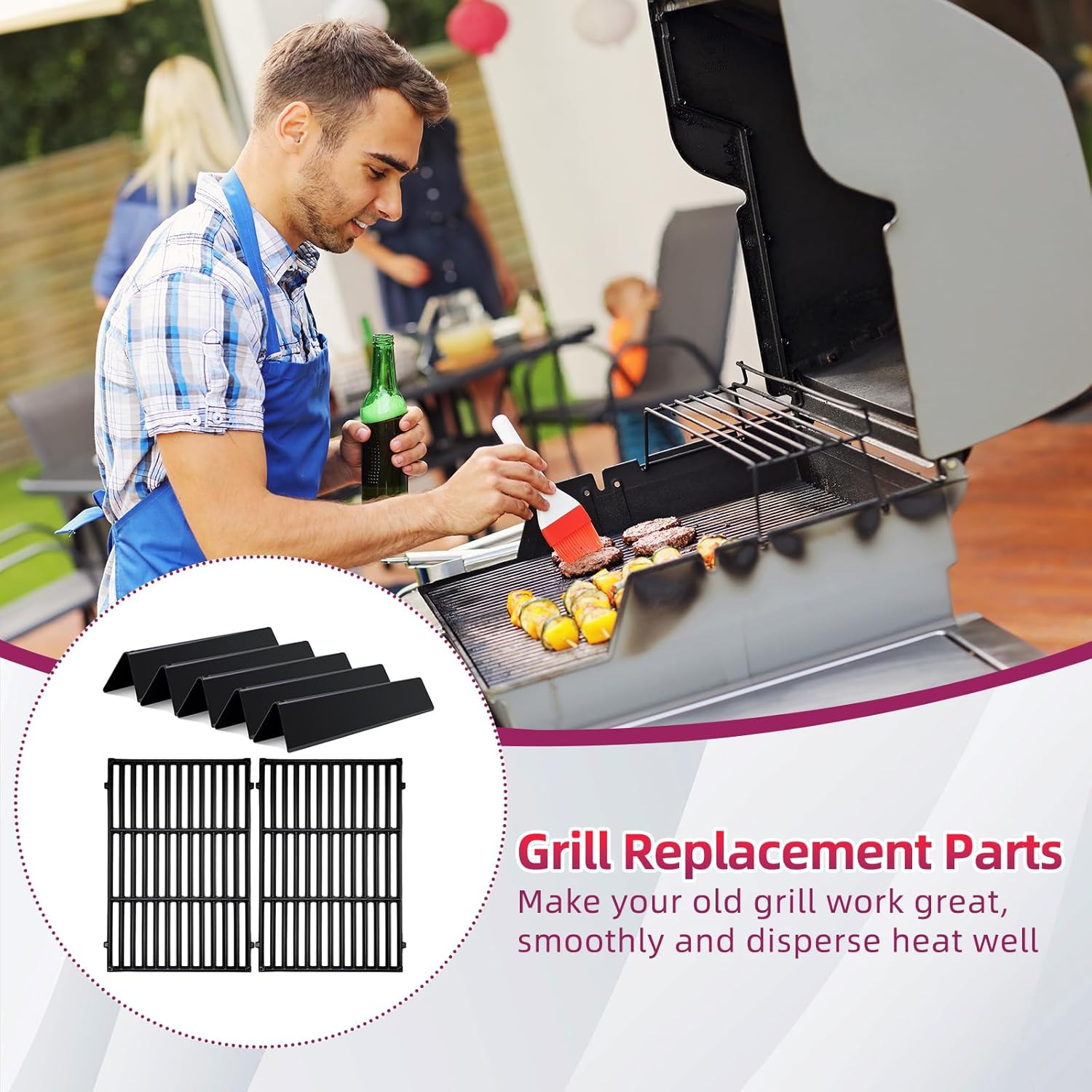 Porcelain Steel 15.3 inch 7636 Flavorizer Bar with Cast Iron 7639 Grill Grates for Spirit II Replacement Parts,for Spirit E-310, E-330, E-320, S-310/320/330,for Weber Spirit I&II 300 Series
