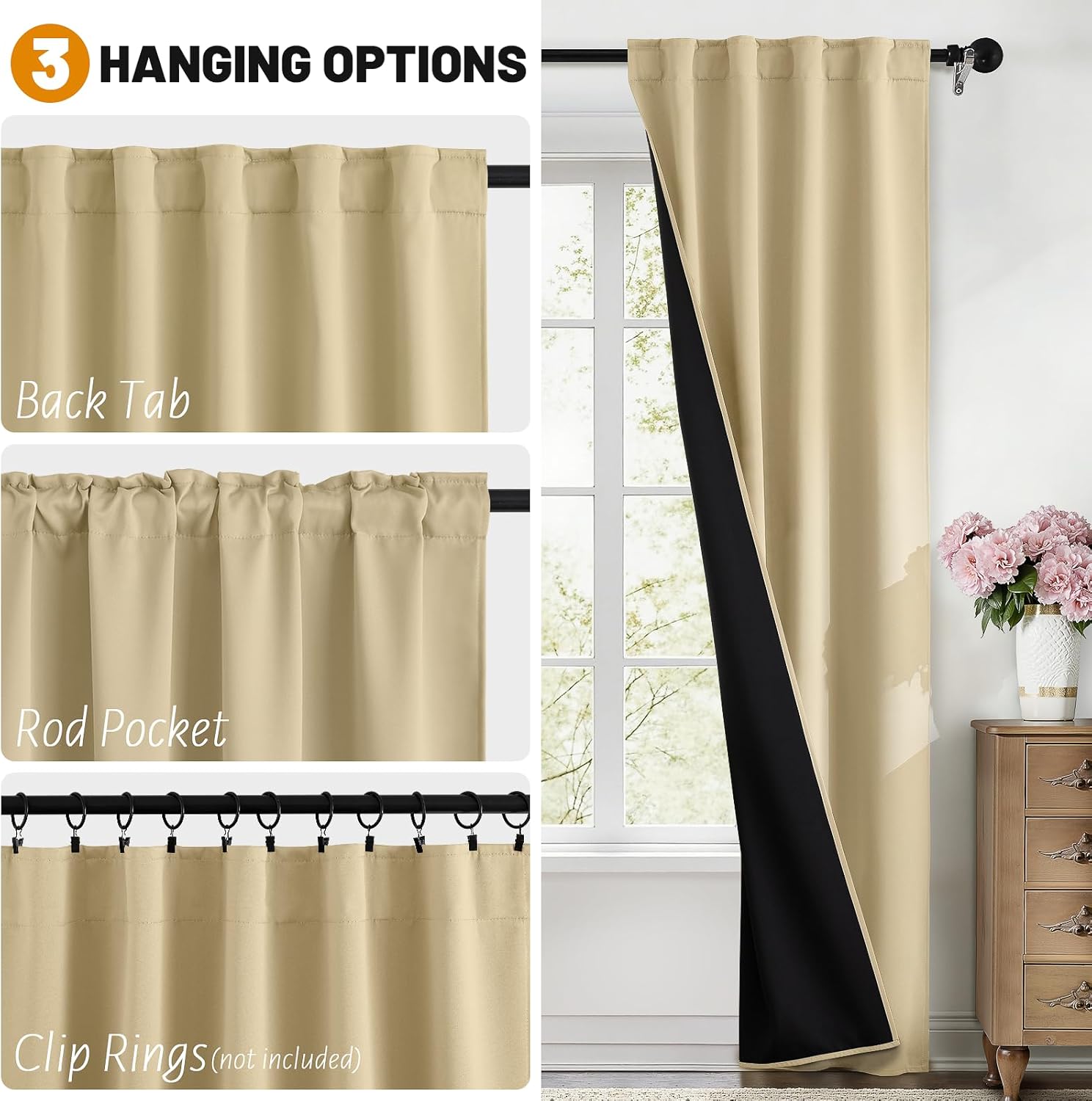 SimpleHome 100% Blackout Curtains for Bedroom,63 Inch Curtains for Living Room Rod Pocket and Back Tab Window Drapes Room Darkening Beige Curtain with Black Back,40 x 63 Inch,2 Panels